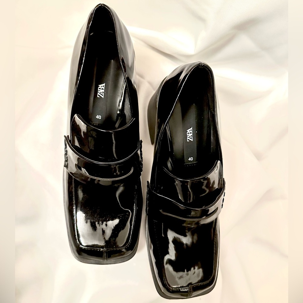 ZARA Black Patent Leather Loafers Block Chunky Heel NWOT | Women’s Size 40 - Picture 7 of 13